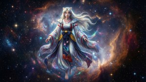 狐狸神祇漂浮在色彩繽紛的宇宙星雲中，伴隨著星星
