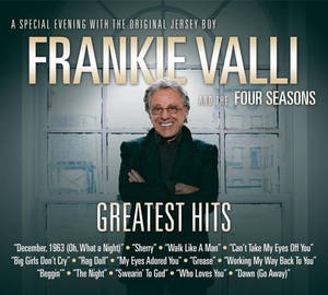 Frankie Valli 在窗前微笑，帶有專輯標題文字。 — 老人 壁紙