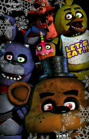 Freddy Fazbear 和朋友們用詭異的笑容慶祝一個雪白的生日。 — OnePlus Pad Lite 壁紙