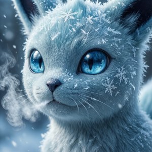 一隻藍眼小貓在冬日場景中被霜和雪花覆蓋。