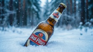 森林中雪花飄落，雪地裡放著一瓶冰凍的Skol Pilsen啤酒瓶。