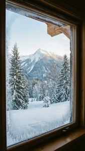 木窗上的霜花圖案顯露出外面白雪皚皚的山巒和松林。