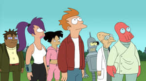 Futurama 角色站在草地上，背景有城市天際線。 — 飛出個未來 壁紙