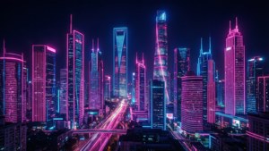 夜晚的未來城市景觀，霓虹燈照亮的摩天大樓和發光的高速公路。