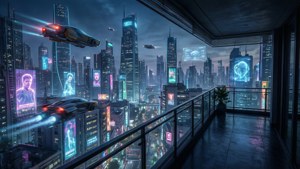 陽台俯瞰霓虹燈閃爍的未來城市，夜間有飛行汽車。