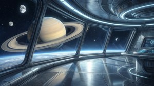 未來感太空船內部，可觀賞太空中的土星和衛星。