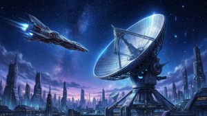 未來風格的太空船在夜晚飛越霓虹城市中的衛星天線。