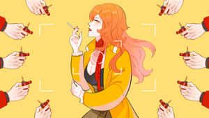 動漫女性穿著黃色外套手持香煙，被拿著打火機的手包圍。 — 吉茵珂絲 奧術 GIF 壁紙