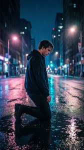 男人跪在雨中，在發光街燈下的濕漉漉城市街道上。