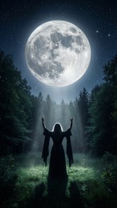一個穿著深色長袍的人站在夜晚的森林中，雙臂高舉向一個巨大的發光月亮。