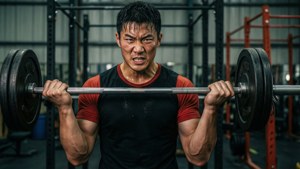 男人在健身房舉起槓鈴，表情猙獰