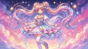 動漫女孩，飄逸的頭髮和星星裙子，漂浮在魔法天空中。