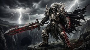 骷髏戰士手持發光劍，在雷暴中站立於懸崖上。