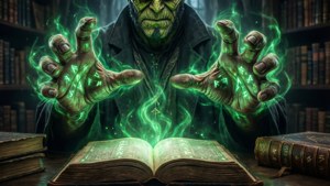 綠色皮膚的巫師在圖書館中將發光的綠色魔法施放到一本打開的法術書上。
