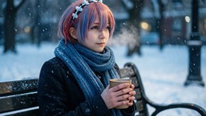 頭髮色彩繽紛的人坐在雪長椅上，冬天拿著熱飲。