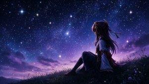 動漫女孩坐在草地上凝視星空