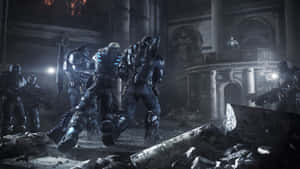 Gears of War 重甲士兵穿過廢墟般的大教堂前進。 — 電玩遊戲 GIF 壁紙