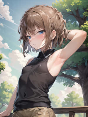 棕色頭髮和藍色眼睛的動漫女孩靠在戶外的欄杆上。 — Kindle 壁紙