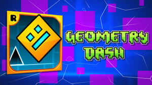 Geometry Dash 遊戲標誌，帶有霓虹綠色文字和幾何形狀，背景色彩繽紛。 — 電玩遊戲 GIF 壁紙
