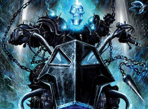 Ghost Rider 在火焰機車上，帶有發光骷髏頭和鎖鏈。