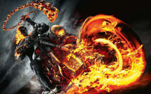 Ghost Rider 在黑暗風暴的天空中，騎著一輛燃燒的摩托車，手持火鏈。 — 紅骷髏 壁紙