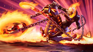 Ghost Rider 在火焰摩托車上，帶有鎖鏈和火焰效果 — Studio Display 壁紙