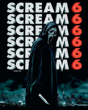 Ghostface 身穿黑色斗篷，在夜間城市天際線上手持刀，帶有「SCREAM」文字和紅色 666。 — 鬼臉殺手 GIF 壁紙