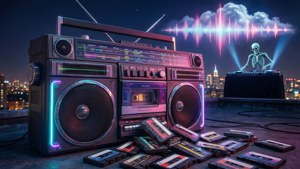 一個發光的手提音響和卡式錄音帶在屋頂上，骷髏DJ在聲波雲下。
