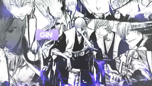動漫角色 Gin Ichimaru 被強烈表情和紫色能量包圍。 — 死神 壁紙