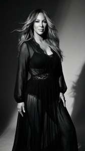一位穿著黑色長裙的女性在戲劇性燈光的攝影棚中擺姿勢。