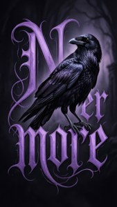 一隻黑色烏鴉棲息在紫色哥德式文字上，在黑暗的森林中讀著 Nevermore。