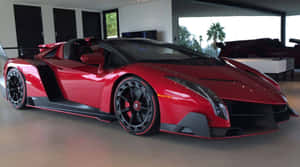 紅色藍寶堅尼 Veneno 跑車在現代車庫中，外面有棕櫚樹。 — 蘭博基尼 壁紙