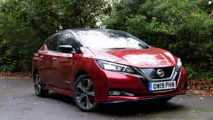 紅色日產Leaf電動車停放在潮濕車道上，伴有秋葉和綠色灌木。 — 日產 壁紙