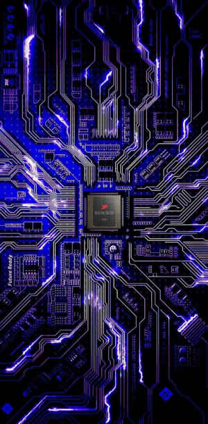 發光的藍色和紫色電路板，中央有Samsung晶片。 — 電路板 壁紙