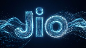 在深色背景上由流動數位粒子製成的發光藍色Jio標誌