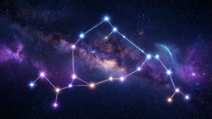 一個明亮的星座圖案，由發光的星星勾勒出輪廓，映襯著色彩繽紛的星雲天空。