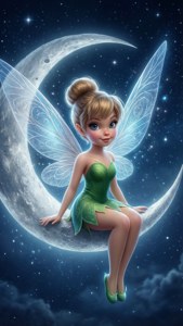 發光翅膀的仙女棲息在繁星夜空中的新月上。
