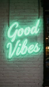 夜晚磚牆上寫著Good Vibes的綠色霓虹燈牌。