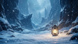 一盞燈籠在夜間降雪時照亮了積雪的山谷。