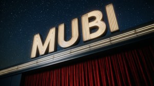霓虹 MUBI 標誌在紅色劇院幕布上方，星空下。