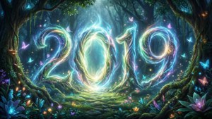 神秘的森林，帶有發光的2019數字和色彩繽紛的蝴蝶，在發光的花朵之間。