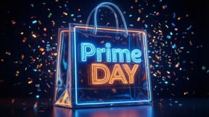 霓虹燈照亮的 Prime Day 購物袋，周圍有紙屑飄落。