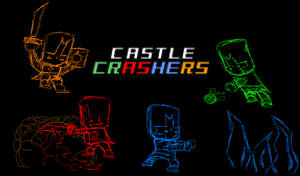 黑色背景上的霓虹線框 Castle Crashers 角色和標誌 — 霓虹紅 壁紙
