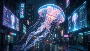 發光水母在夜晚的雨中霓虹城市景觀中飄蕩。