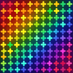 彩虹漸變背景上色彩繽紛的發光加號網格。 — Pixel Watch 3 壁紙