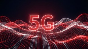 紅色和白色流動數位波浪上的霓虹5G文字。