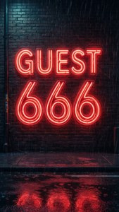 夜間，濕磚牆上一個紅色霓虹燈牌寫著 GUEST 666