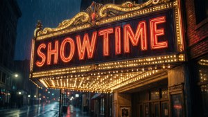 一個復古劇院招牌，上面有「SHOWTIME」的紅色霓虹燈在雨夜街道上閃耀。