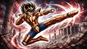 身穿金色盔甲的動漫戰士在宇宙紅天下踢穿古代廢墟。