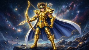 身穿金色鎧甲的弓箭手聖人，在星空下的宇宙山上手持弓箭。